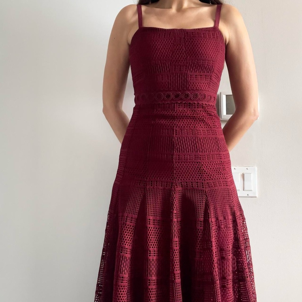 Sandro | Burgundy lace flared midi sleeveless cocktail dress | Size S - Picture 3 of 8